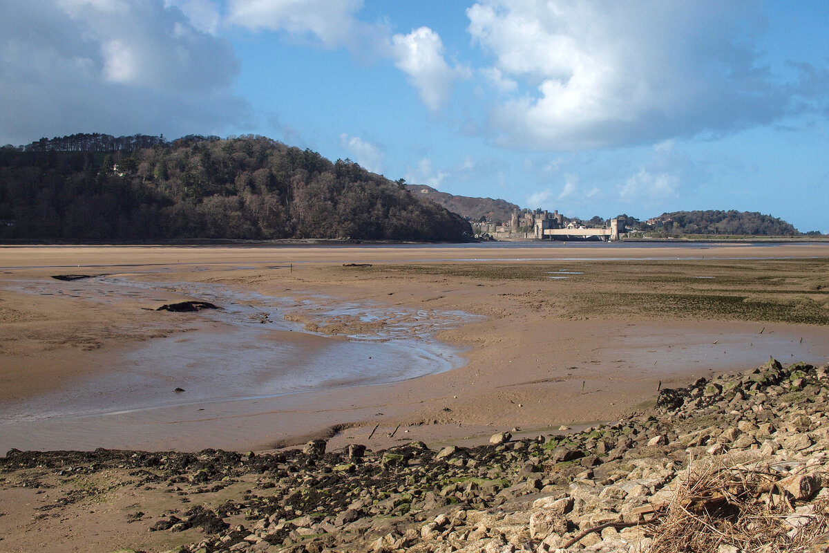 Conwy Castle viewed across the empty estuary from RPSB Conwy