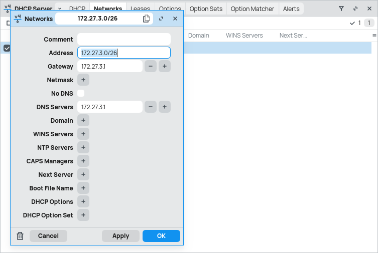 DHCP server network edit