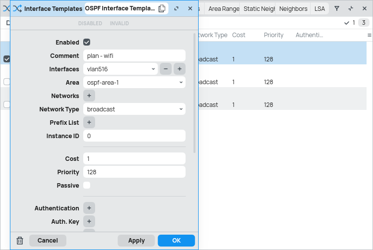 Routing OSPF interface template edit
