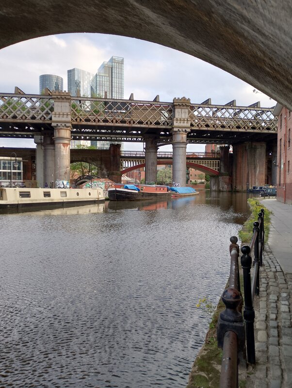 Rail lines above canals near YHA Manchester